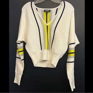 EXPRESS White V-Neck Bat Sleeve Sweater with HighLighter Yellow and Grey Stripe